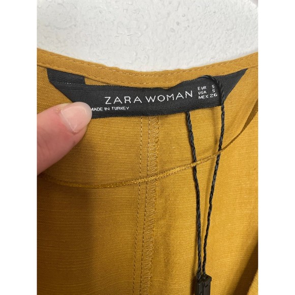 Zara Woman Sz 5 Knotted V-Neck Top Mustard Yellow Sleeveless Linen Cotton Blend - Picture 9 of 16